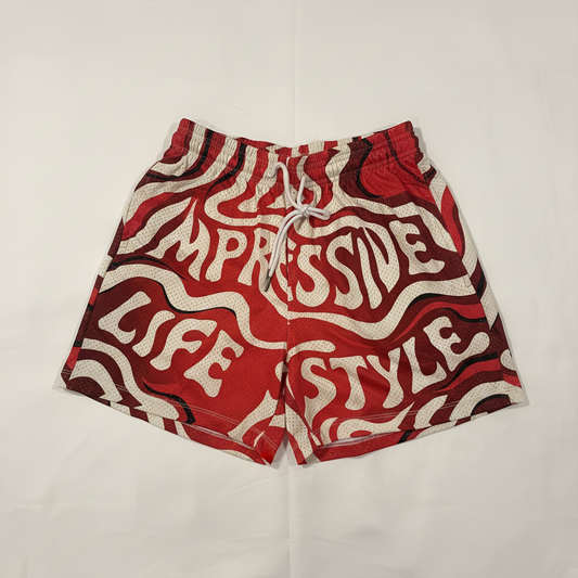 Red Wavy Impressive Mesh Shorts
